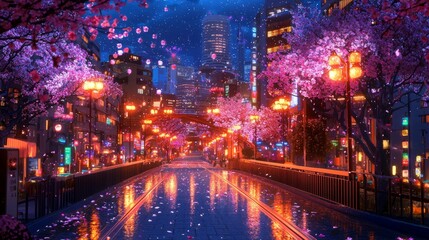 Obraz premium Breathtaking night view of Tokyo skyline, featuring modern high-rises and glowing city streets.