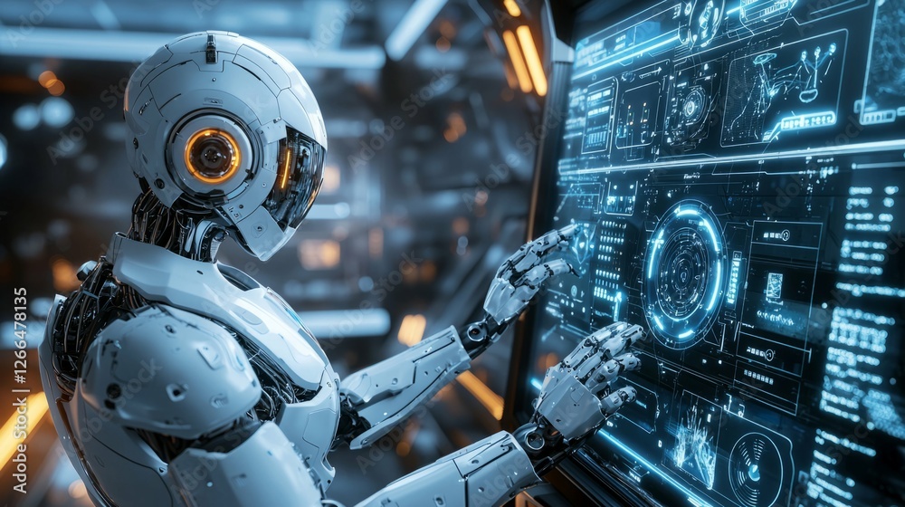 Poster futuristic robot interface interaction in a high-tech environment