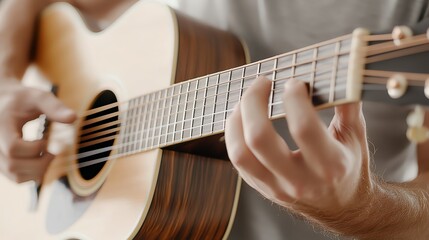 Fototapeta premium Close-up of fingers playing an acoustic guitar, capturing the essence of music and artistry in motion.