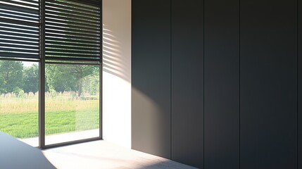 Fototapeta premium Modern room, sunlit window, blinds, dark wall, green landscape, interior design