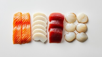 Close-up of premium sashimi cuts--salmon, yellowtail, and scallops--set on a pristine white background, copy space.