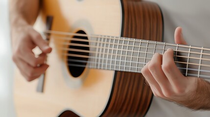 Fototapeta premium Close-up of hands playing an acoustic guitar, capturing the art of music in motion.