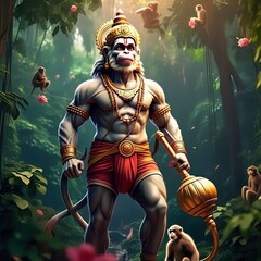 Hanuman Ji forest portrait background, Lord Hanuman Ji Cinematic Wallpaper Generative Ai