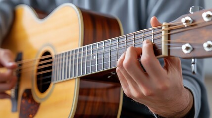 Obraz premium Close-up of hands playing an acoustic guitar, capturing the art and passion of music.