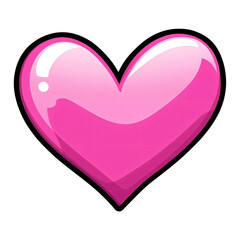 Glossy cartoon pink heart with black outline isolated on transparent background, Love and Valentines day symbol