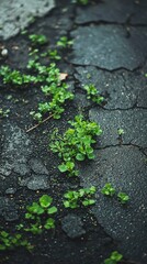 Green Plants Growing Through Cracked Asphalt Surface in Urban Area