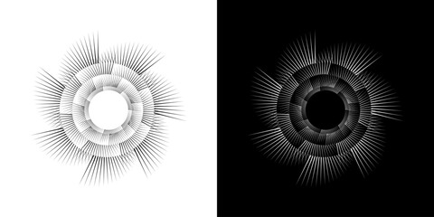 Abstract background with abstract line pattern in circles. Spiral art design as a logo or icon. A black figure on a white background and the same white figure on a black side. Mandala design with line