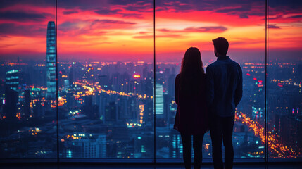 Fototapeta premium Couple admiring a stunning cityscape from a high observation deck at dusk