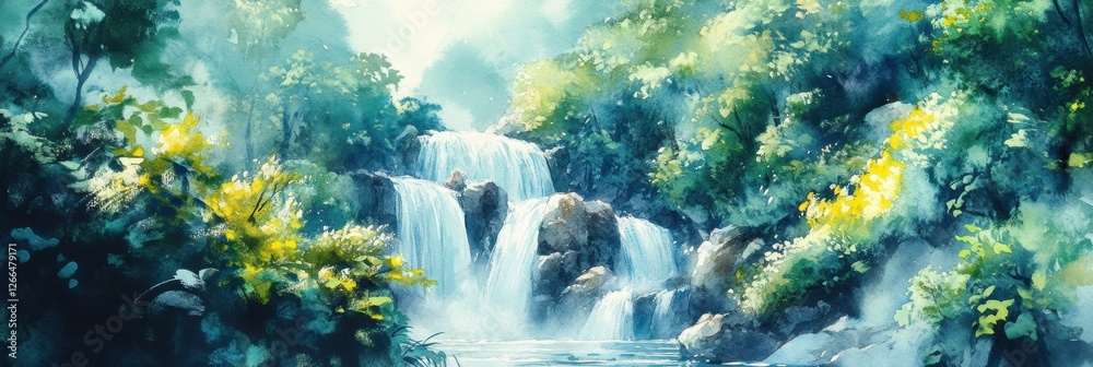 Leinwandbilder Serene waterfall cascading through lush greenery in a tranquil forest setting during bright daylight hours. Generative AI