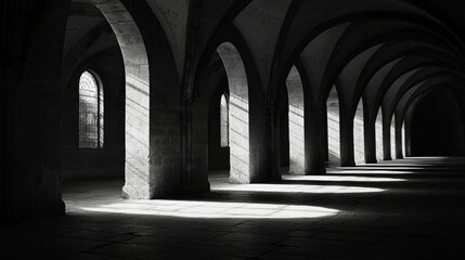 Monochrome Architecture with Arches and Dramatic Light in Cloister