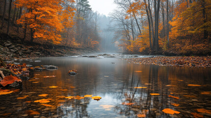 Fototapeta premium Fall foliage reflecting on a calm river, with mist rising in the early morning light