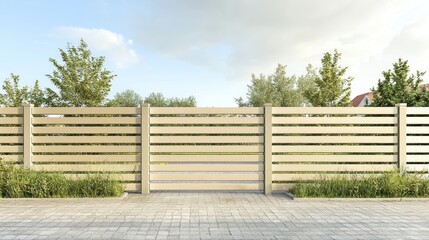 Beige Wooden Fence with Gate in Suburban Yard