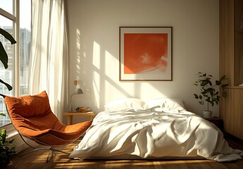 Sunny Minimalist Bedroom with Orange Chair and White Bedding
