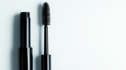 A close-up of a mascara brush with defined bristles, standing beside a stylish mascara tube on white.