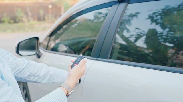 Hand holding car remote control, smart key to lock or unlock doors of white car. Safety, travel and transportation concept