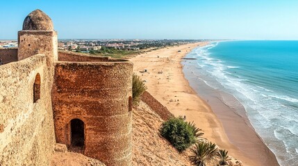 Deserted fortress overlooking Boujdour's coastline, with the vast beach stretching out under a clear sky.