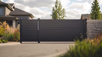Modern driveway gate in front of suburban homes