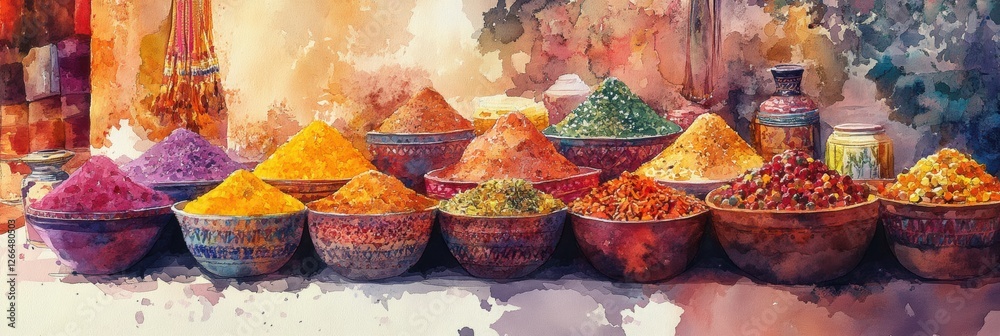 Poster colorful spices arranged in bowls at a market in a vibrant setting during daylight hours. generative