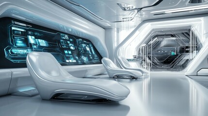 Futuristic Interior with High-Tech Displays and Sleek Furniture