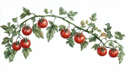 A fresh tomato vine with bright red tomatoes and lush green stems, isolated on a white background.