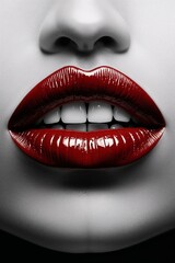 Fototapeta premium Dramatic black and white close-up of glossy red lips showcasing beauty and elegance in fashion photography