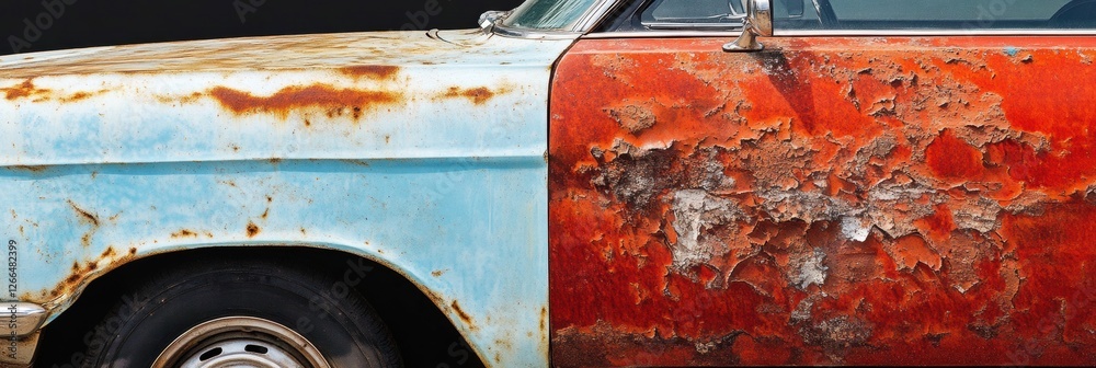 Poster comparison of a dented rusted car on the left and a beautifully repaired vehicle on the right showca
