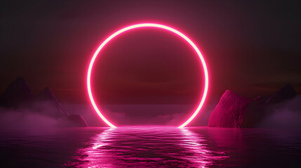 Glowing Neon Circle Reflects in Water with Rocks and Fog Landscape