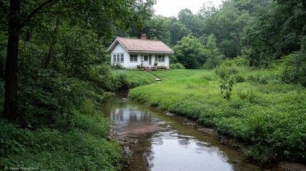 Obraz premium White House by Stream in Woods. Possible use Stock Photo