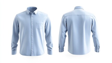 Casual and Business Button-Up Shirt Mockup Template Featuring Front and Back Views, Rendered in a Soft Blue Color.