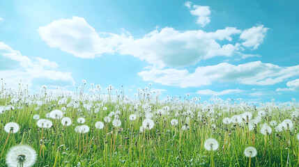 Obraz premium Wide shot of spring meadow with dandelions and sky, copy space, Generative ai