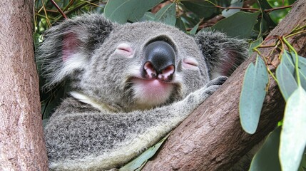 Obraz premium Sleeping Koala Bear Nestled in Tree Branch Surrounded by Leaves