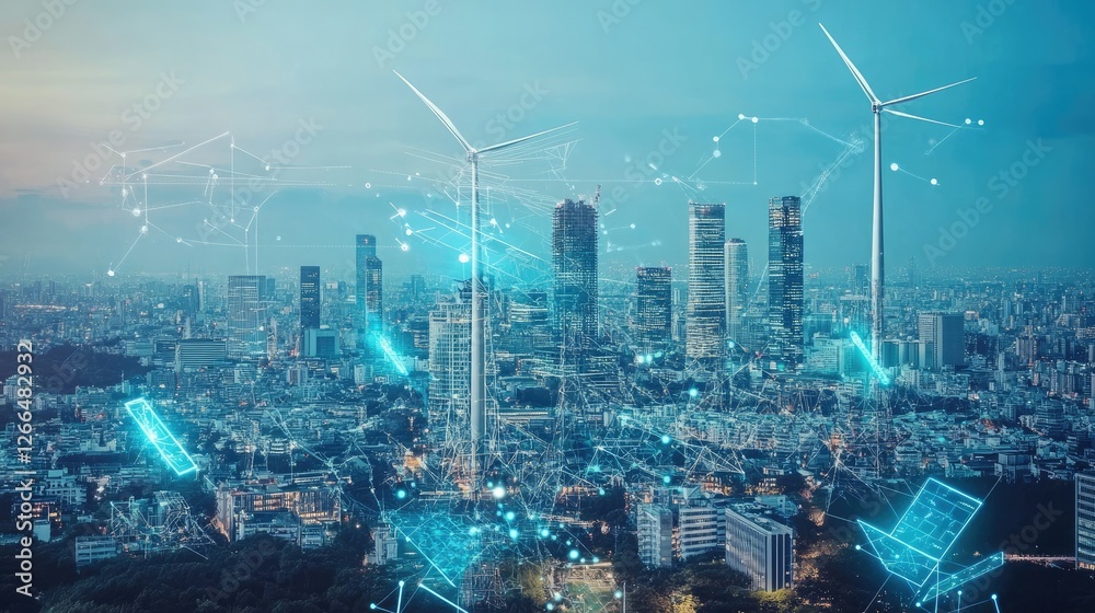 Poster a high-tech metropolis with ai-driven infrastructure, wind and solar power, and secure data encrypti