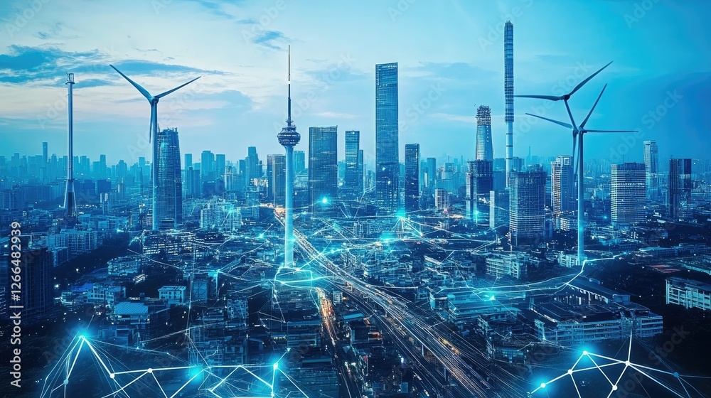 Poster a high-tech metropolis with ai-driven infrastructure, wind and solar power, and secure data encrypti
