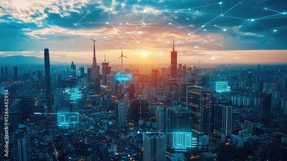 Poster a high-tech metropolis with ai-driven infrastructure, wind and solar power, and secure data encrypti