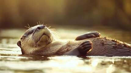 Adorable River Otter Relaxing on Water Surface in Golden Light