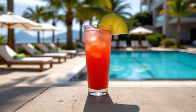 Icy red cocktail by the pool on a sunny day - perfect vacation vibes for travel and beverage advertising
