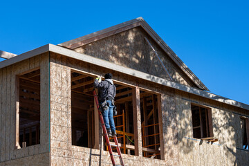 Carpenter up on an extension ladder using a hammer for detail work on new home construction, working on exterior wall with wood plywood OSB, Oriented Strand Board, sunny winter day on job site
