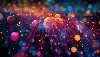 World night view futuristic international telecommunication network, concept about global connection and information, background with colourful dynamic gradient line flows connecting cityspace