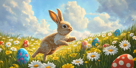 Fototapeta premium Playful Easter Bunny in a Meadow with Decorated Eggs