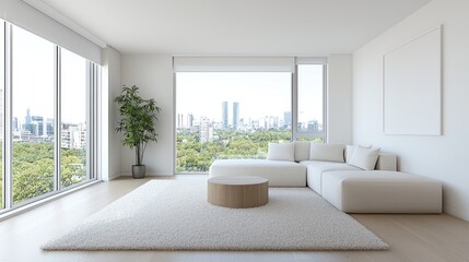 Fototapeta premium Modern Living Room with City View; Interior Design; Relaxing Space; Possible Use Stock photo for interior design magazines