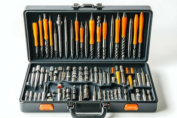 A set of tools in the case on a white isolated background.