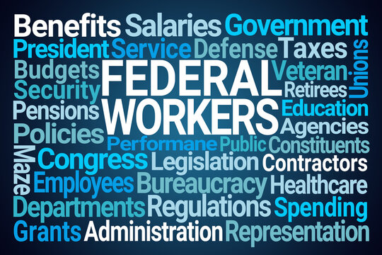 Federal Workers Word Cloud on Blue Background