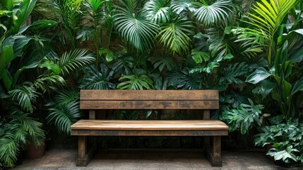 Obraz premium A stylish wooden bench framed by vibrant tropical leaves, offering a peaceful and cozy seating area.