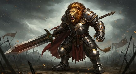 Lion Warrior in Battle Armor, Ready to Strike