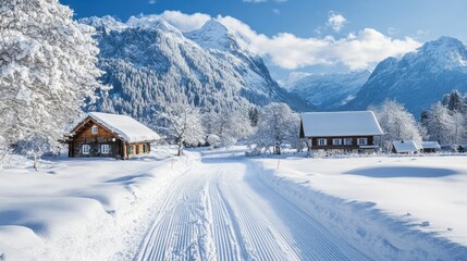 A winter paradise with pristine ski tracks leading through powdery snow, set against a peaceful alpine backdrop.