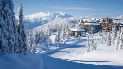 A winter paradise with pristine ski tracks leading through powdery snow, set against a peaceful alpine backdrop.