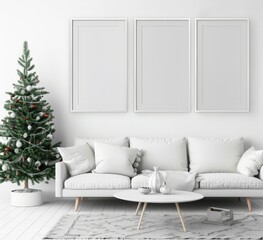 Fototapeta premium Minimalist white living room with a Christmas tree. a white sofa. a round coffee table. and three empty frames