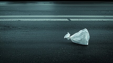 Littered Plastic Bag on a Dark Urban Road in Dull Lighting