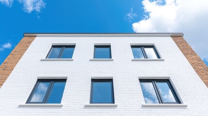 Modern white brick building, blue sky, clouds, low angle