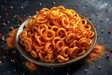 spaghetti in a pan of various American fast foods, fries, and snacks 